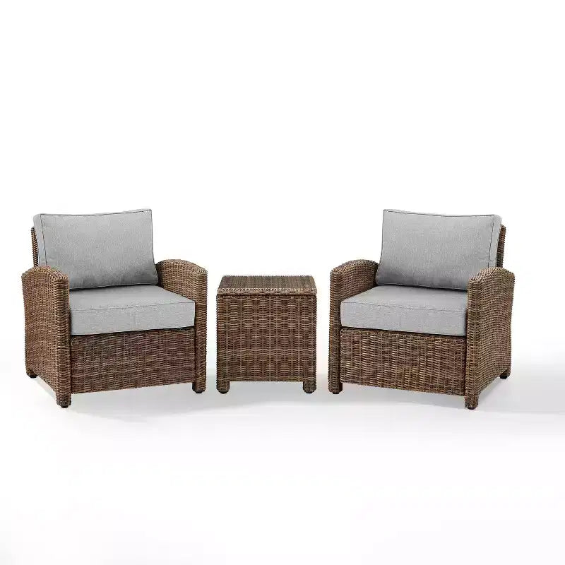 Bradenton 3pc Outdoor Wicker Arm Chairs with Side Table: Steel Frame, UV-Resistant - Crosley