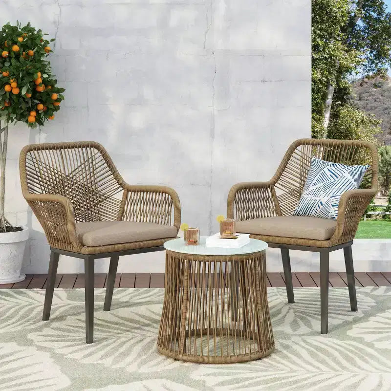 Russel 3pc Outdoor Wicker 2 Seater Chat Set: Flared Design, Glass Tabletop - Christopher Knight Home