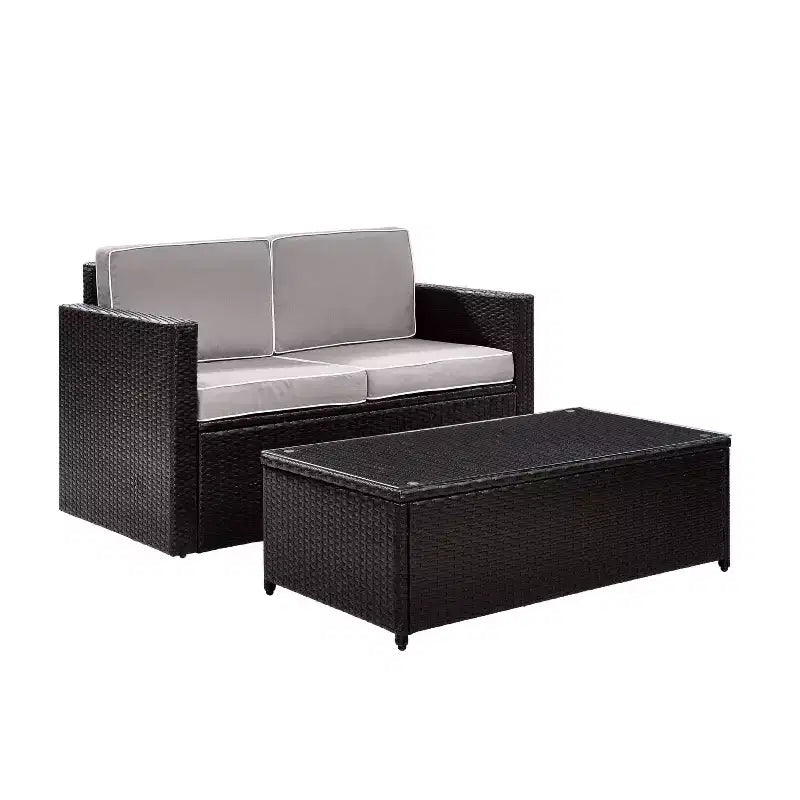 Palm Harbor 2pc Outdoor Wicker Seating Set with Gray Cushions- Loveseat & Glass Top Table - Crosley