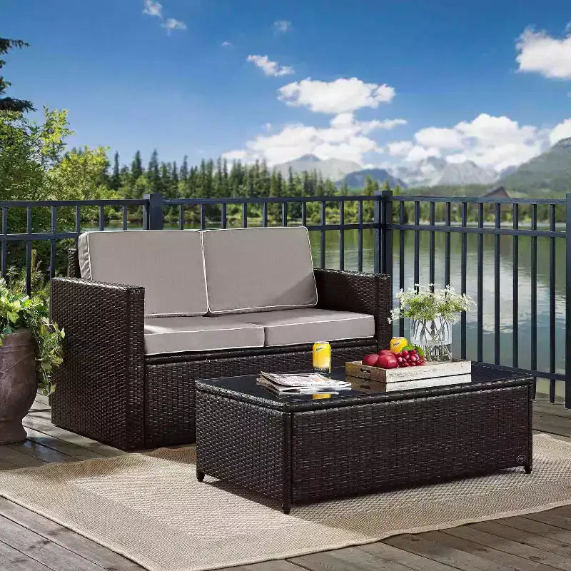 Palm Harbor 2pc Outdoor Wicker Seating Set with Gray Cushions- Loveseat & Glass Top Table - Crosley