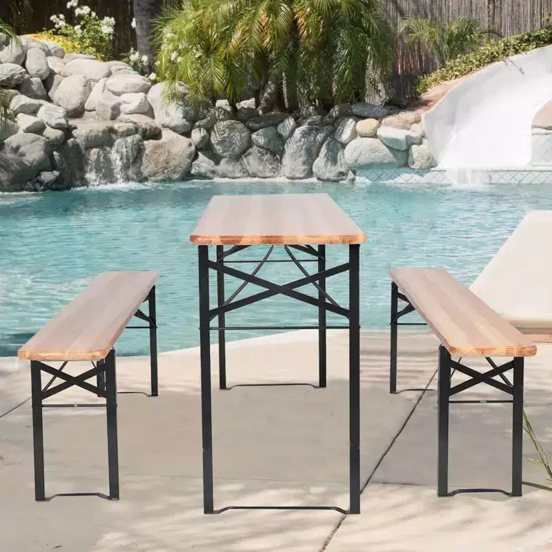 3pc Outdoor Folding Wooden Picnic Table Set - WELLFOR: Iron & Fir Wood, Portable, Rust-Resistant