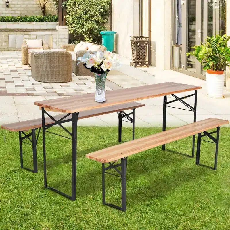 3pc Outdoor Folding Wooden Picnic Table Set - WELLFOR: Iron & Fir Wood, Portable, Rust-Resistant