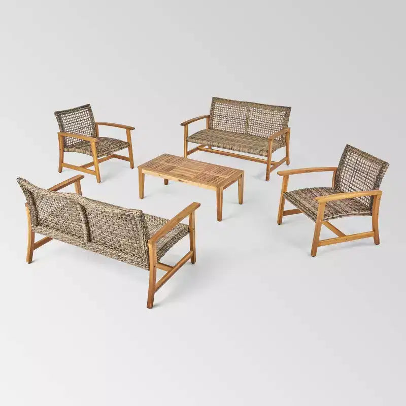 Hampton 5pc Wood & Wicker Loveseat Chat Set: Christopher Knight Home Outdoor Ensemble
