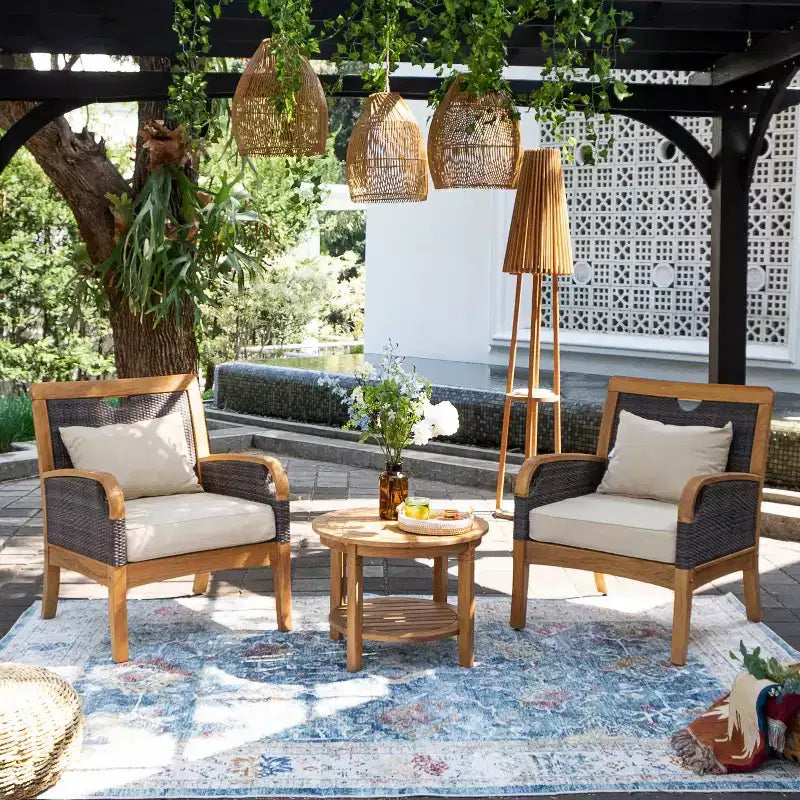 Sonoma Lane Stafford 3pc Teak Outdoor Chat Set – Weather-Resistant with Taupe Zippered Cushions and Side Table