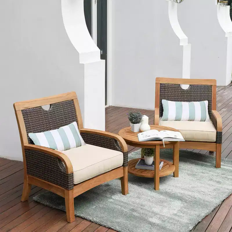 Ensemble de conversation d'extérieur 3 pièces Sonoma Lane Stafford en teck – Résistant aux intempéries avec coussins zippés taupe et table d'appoint