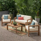 Genser 4pc Acacia Wood Chat Set: Outdoor Loveseat, Club Chairs, Coffee Table - Christopher Knight Home