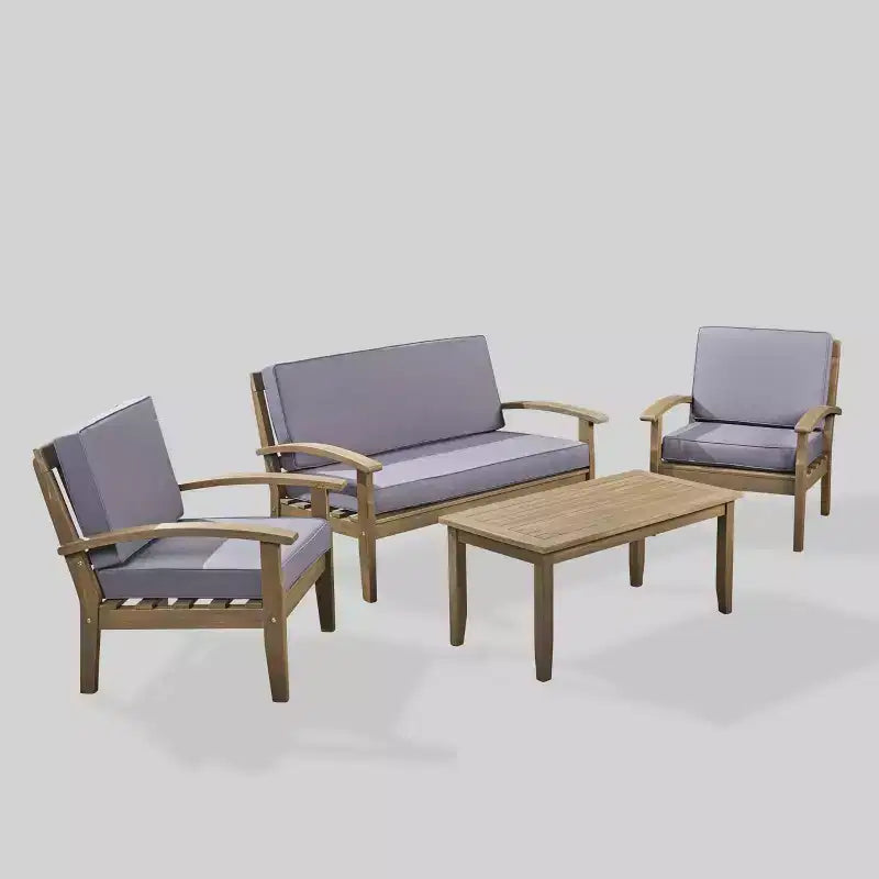 Ensemble de 4 pièces de sièges Peyton en bois d'acacia gris/gris foncé - Christopher Knight Home : Mobilier de conversation extérieur, coussins résistants aux intempéries