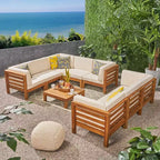 Oana 9pc Acacia Wood Sectional Sofa Set - Teak/Beige - Christopher Knight Home: Weather-Resistant Outdoor Seating