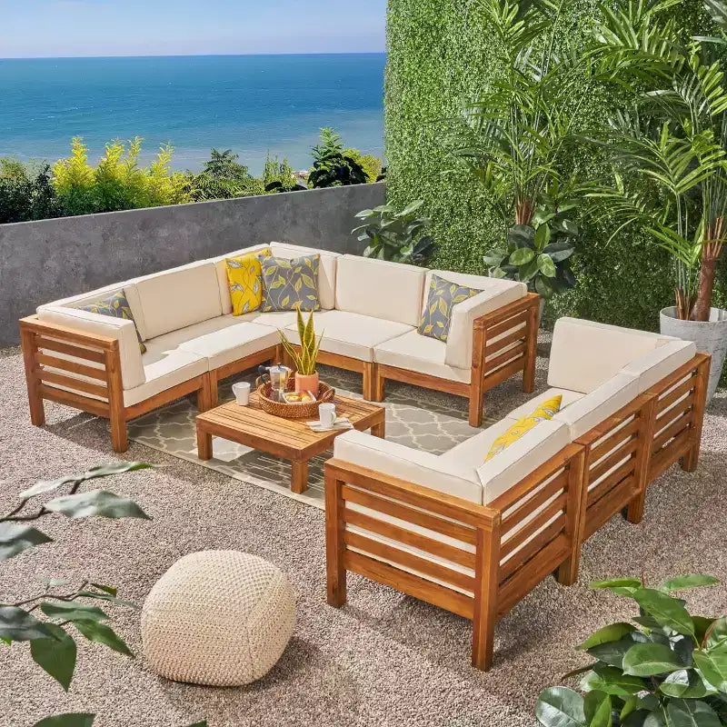 Oana 9pc Acacia Wood Sectional Sofa Set - Teak/Beige - Christopher Knight Home: Weather-Resistant Outdoor Seating