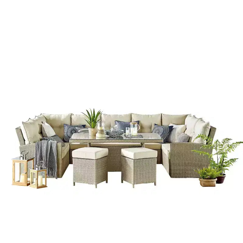 Canaan 4pc All Weather Wicker Outdoor Double Corner Horseshoe Sectional Set Cream - Alaterre Furniture: Weather-Resistant Patio Set with Glass Table