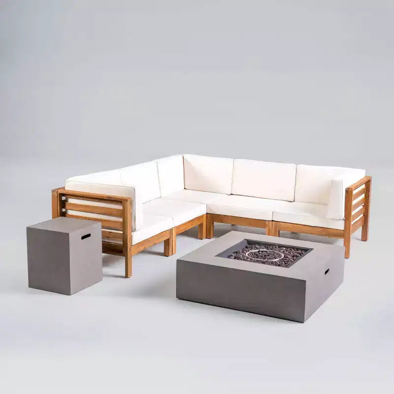 Oana 7pc Acacia V-Shaped Sectional Sofa Set with Fire Pit - Teak/Beige/Light Gray - Christopher Knight Home