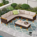 Captiva Designs 8pc Outdoor Wicker Rattan Conversation Set with Curved Sectional Sofa and Ottoman Beige: All-Weather, Rust-Resistant