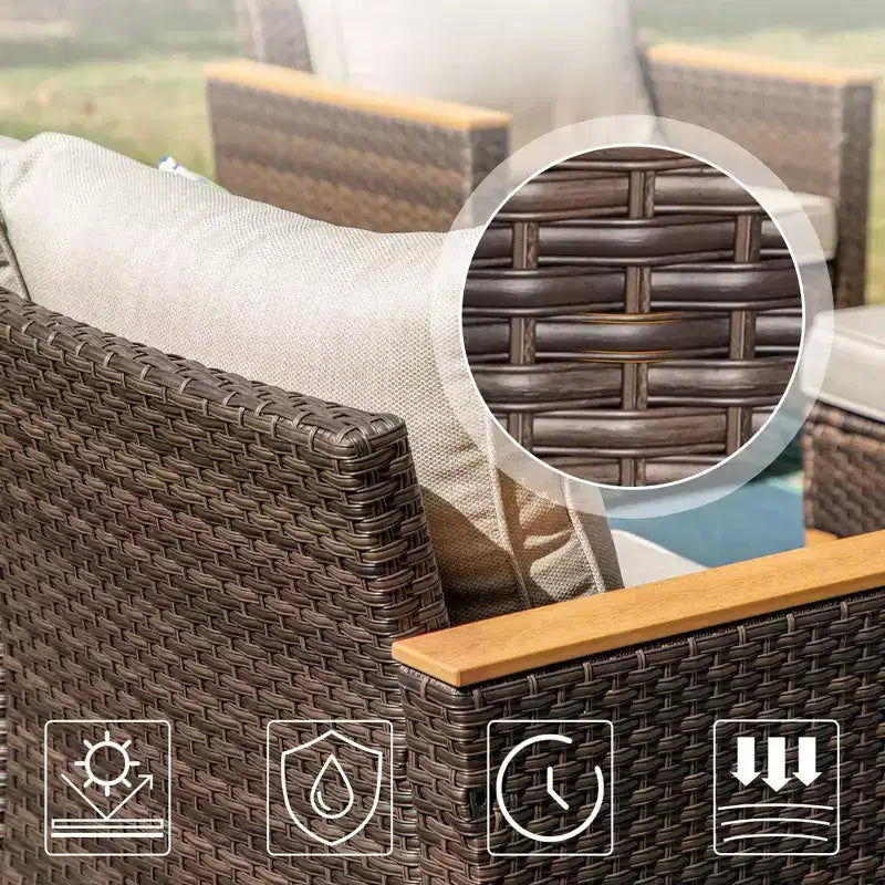 Captiva Designs 8pc Outdoor Wicker Rattan Conversation Set with Curved Sectional Sofa and Ottoman Beige: All-Weather, Rust-Resistant