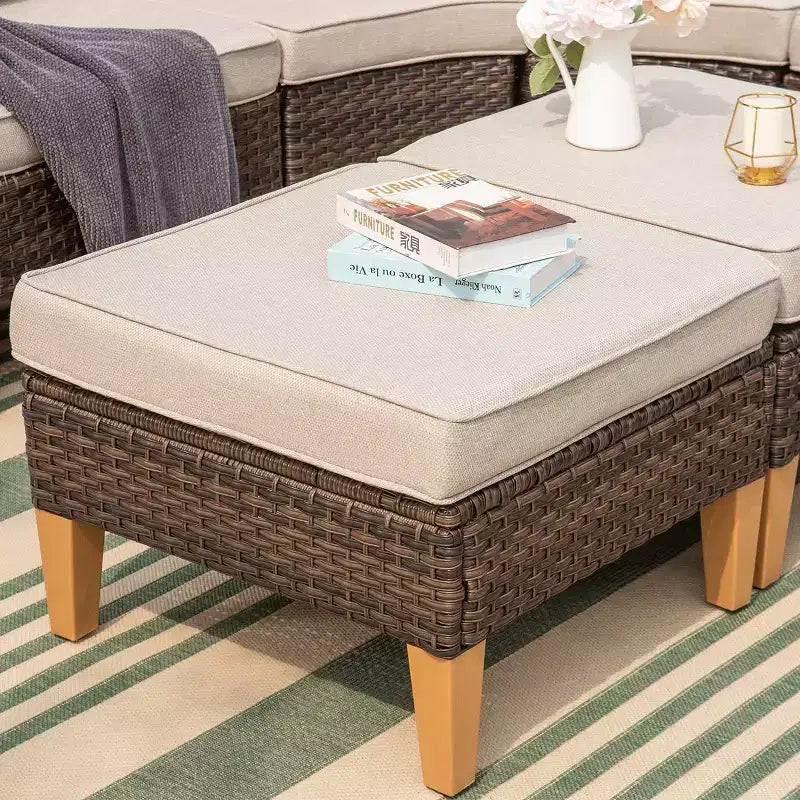 Captiva Designs 8pc Outdoor Wicker Rattan Conversation Set with Curved Sectional Sofa and Ottoman Beige: All-Weather, Rust-Resistant