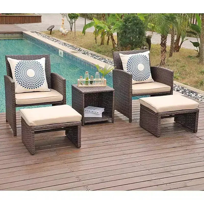 Sunsitt Ensemble de 5 Chaises de Patio Extérieur avec Ottoman et Table de Rangement Latérale Marron