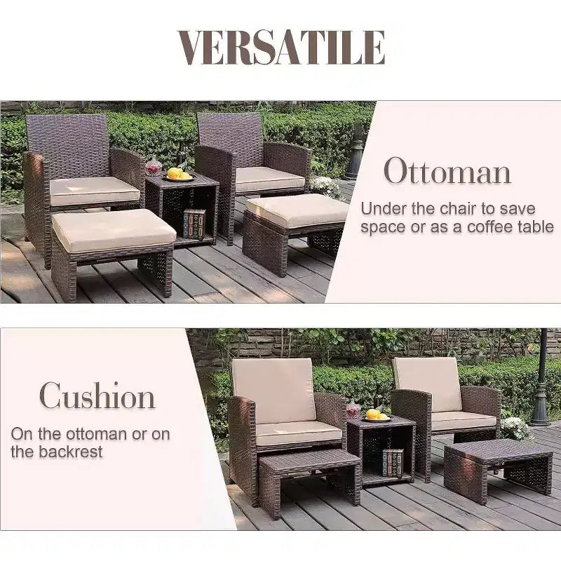 Sunsitt Ensemble de 5 Chaises de Patio Extérieur avec Ottoman et Table de Rangement Latérale Marron