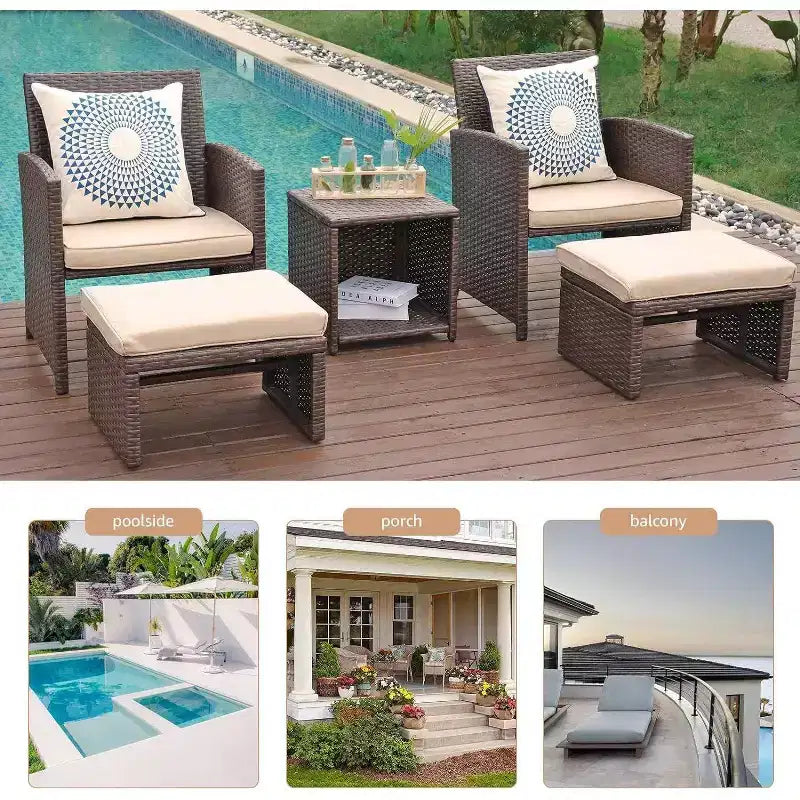 Sunsitt Ensemble de 5 Chaises de Patio Extérieur avec Ottoman et Table de Rangement Latérale Marron