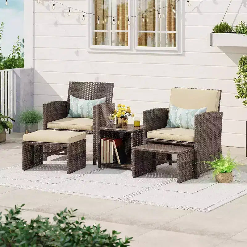 Sunsitt Ensemble de 5 Chaises de Patio Extérieur avec Ottoman et Table de Rangement Latérale Marron