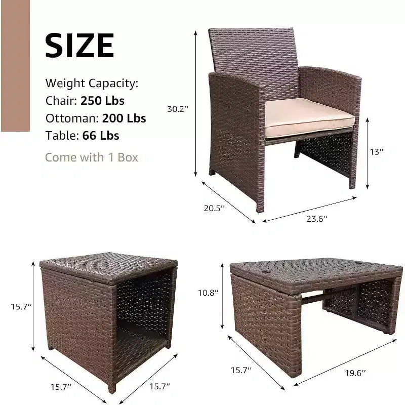 Sunsitt Ensemble de 5 Chaises de Patio Extérieur avec Ottoman et Table de Rangement Latérale Marron