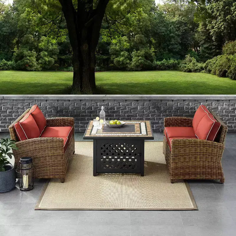 3pc Bradenton Outdoor Steel Fire Pit Set with 2 Loveseats Sangria/Weathered Brown - Crosley