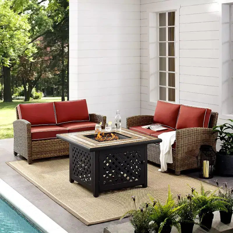 3pc Bradenton Outdoor Steel Fire Pit Set with 2 Loveseats Sangria/Weathered Brown - Crosley