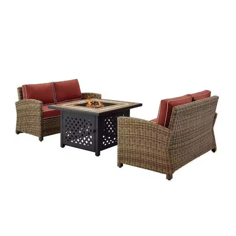 3pc Bradenton Outdoor Steel Fire Pit Set with 2 Loveseats Sangria/Weathered Brown - Crosley