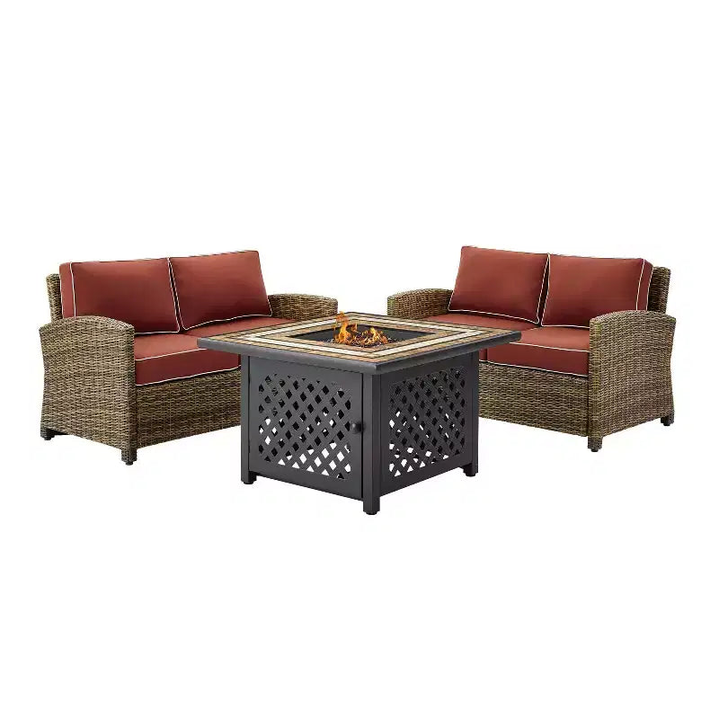 3pc Bradenton Outdoor Steel Fire Pit Set with 2 Loveseats Sangria/Weathered Brown - Crosley