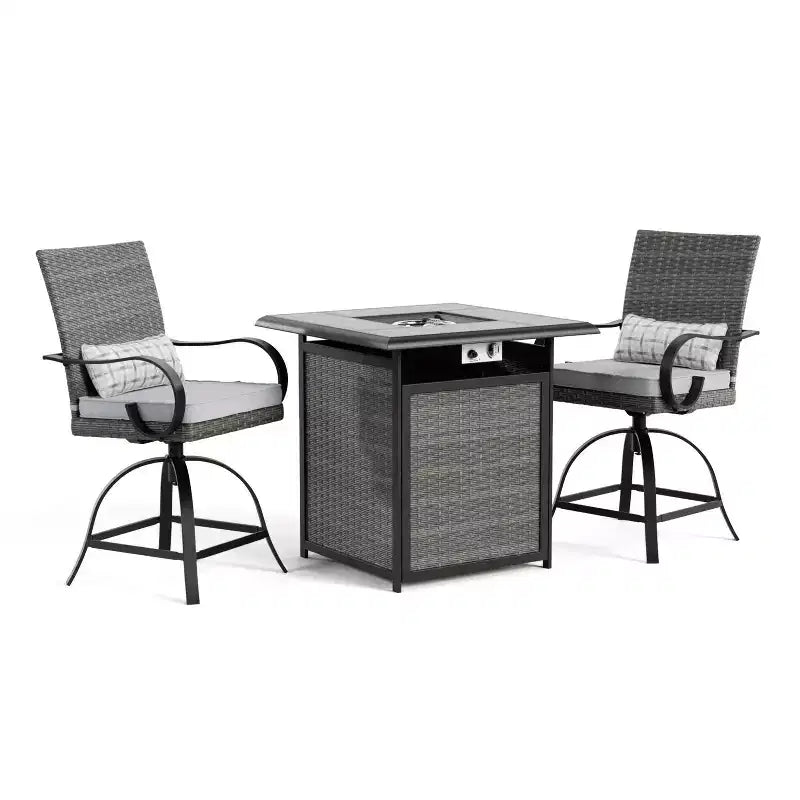 Greemotion 3pc Arosa Outdoor Counter Height Patio Firepit Sets with Swivel Chairs Gray: Ceramic Tile Top, UV & Rust-Resistant