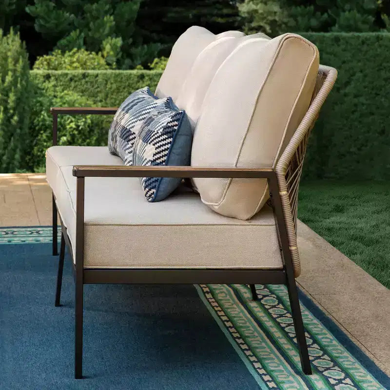 Captiva Designs 4pc 5-Seat Outdoor Patio Sofa Conversation Set With rope-Woven Rattan Swivel Chairs
