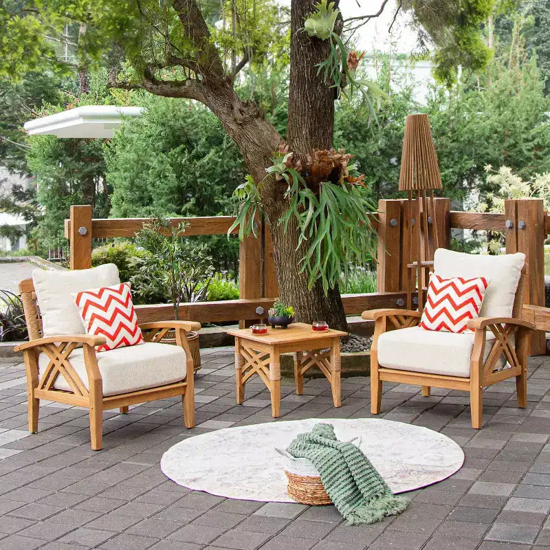 Sonoma Lane Eola 3pc Teak Outdoor Patio Conversation Set with Tan Zippered Cushions - Weather-Resistant