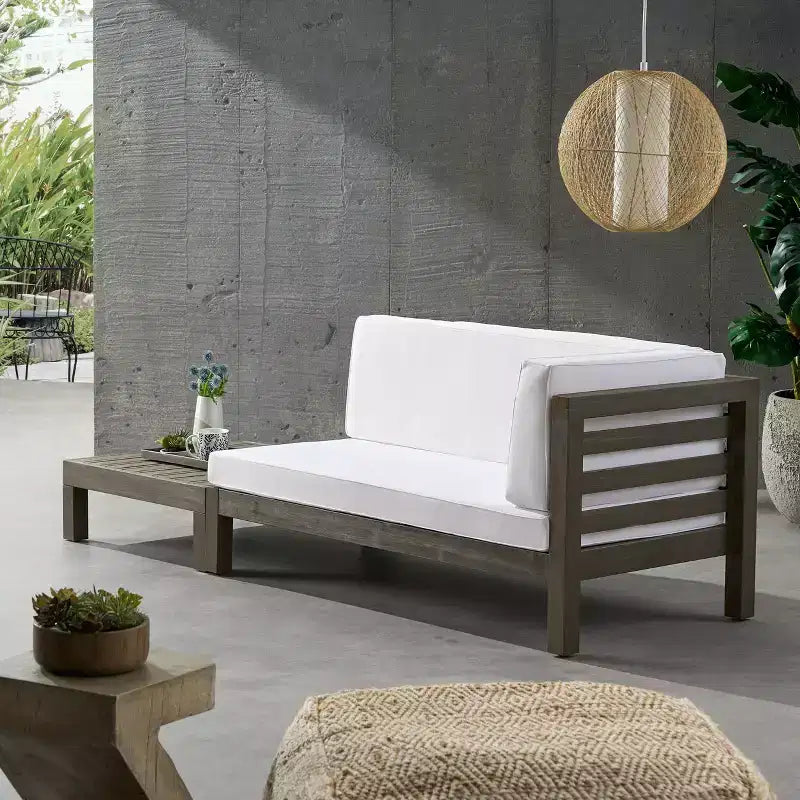 2pk Oana Outdoor Acacia Wood Right Arm Loveseat & Coffee Table with Cushion Gray/White - Christopher Knight Home: Transitional Patio Lounge Set