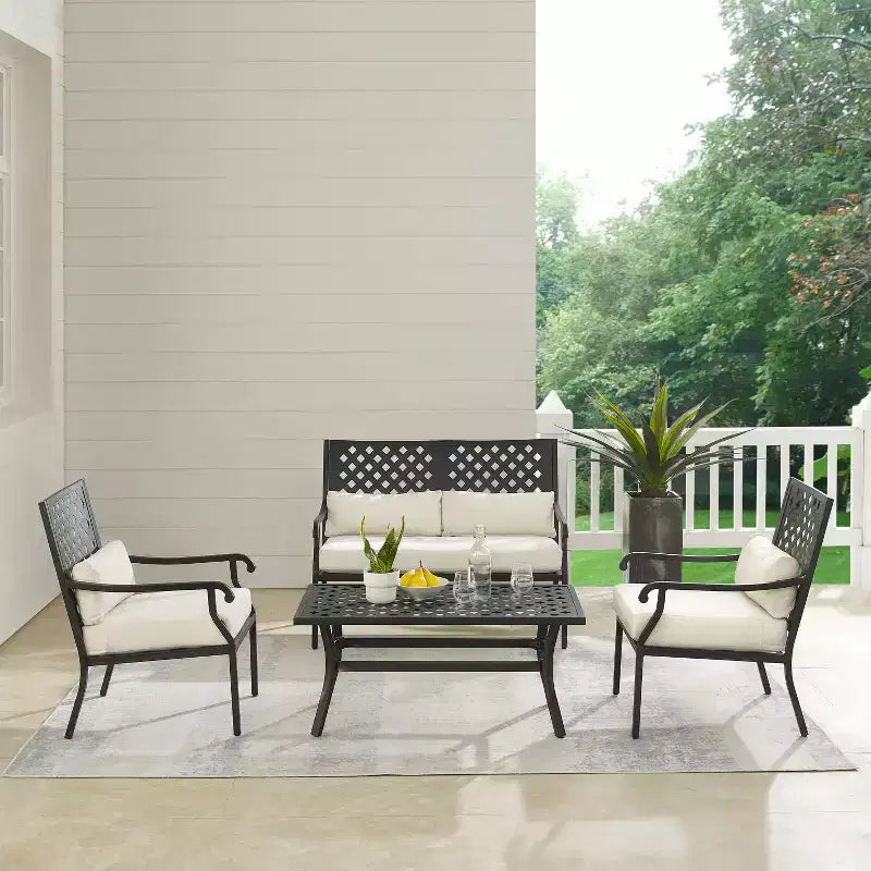 4pc Alistair Outdoor Steel Conversation Set Creme/Matte Black - Crosley: Weather-Resistant Patio Seating with Coffee Table