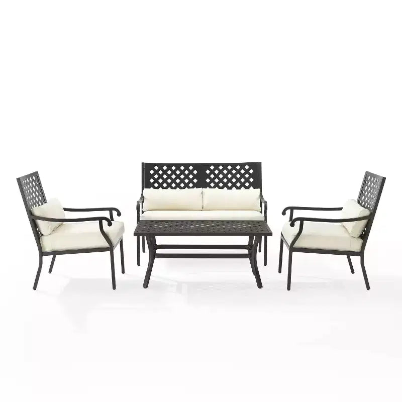 4pc Alistair Outdoor Steel Conversation Set Creme/Matte Black - Crosley: Weather-Resistant Patio Seating with Coffee Table