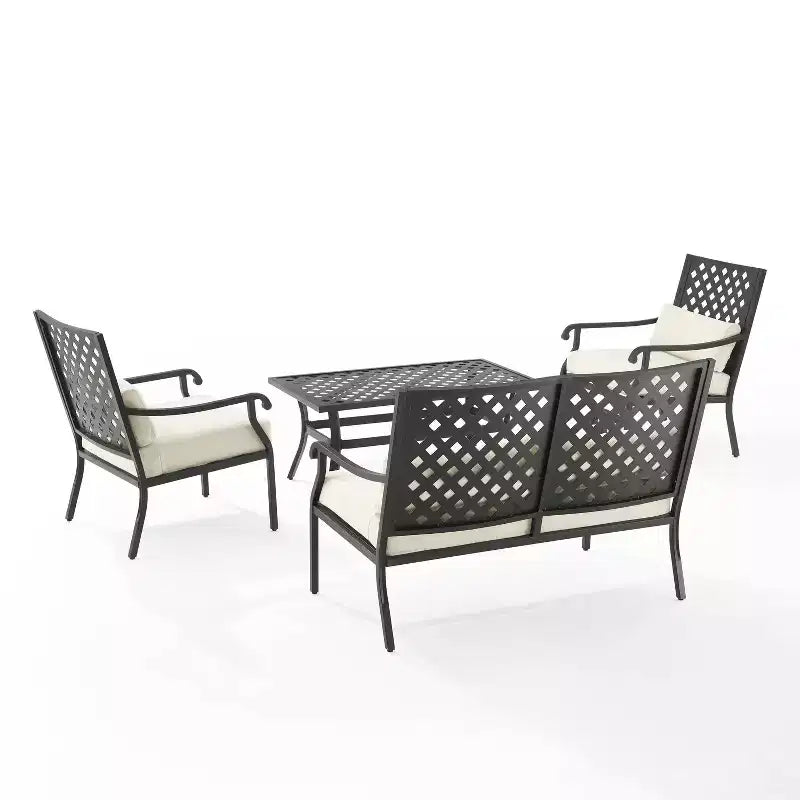 4pc Alistair Outdoor Steel Conversation Set Creme/Matte Black - Crosley: Weather-Resistant Patio Seating with Coffee Table