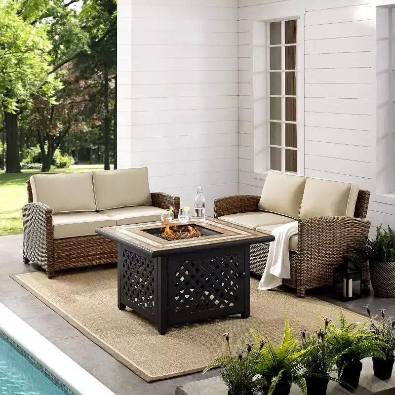 Crosley 3pc Bradenton Steel Outdoor Patio Fire Pit Furniture Set with Two Loveseats Tan/Brown