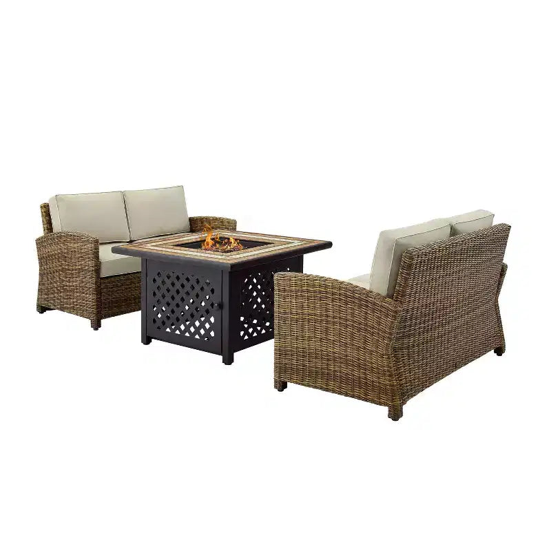 Crosley 3pc Bradenton Steel Outdoor Patio Fire Pit Furniture Set with Two Loveseats Tan/Brown