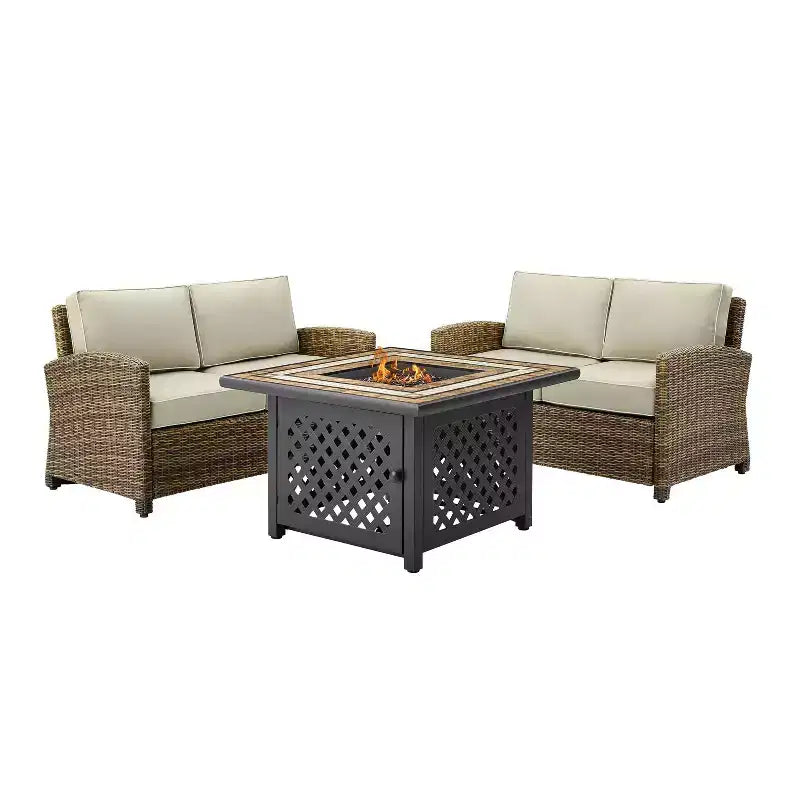 Crosley 3pc Bradenton Steel Outdoor Patio Fire Pit Furniture Set with Two Loveseats Tan/Brown