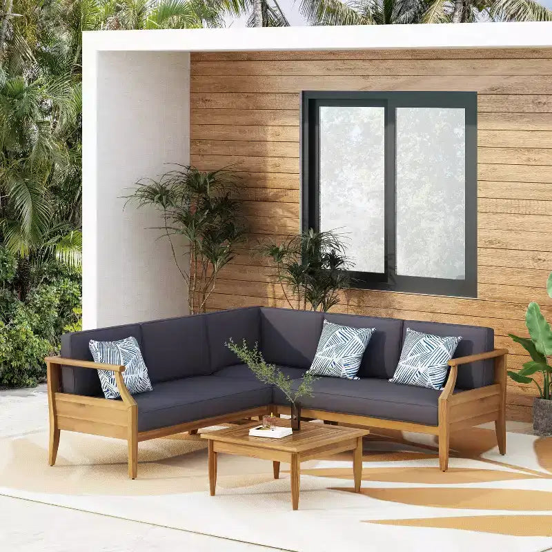4pc Aston Outdoor Mid-Century Modern Acacia Wood Sectional Set with Cushions Teak/Dark Gray - Christopher Knight Home