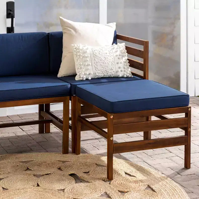 4pc Modular Acacia Wood Patio Sectional with Ottoman - Dark Brown/Navy - Saracina Home: Weather-Resistant, Removable Cushions