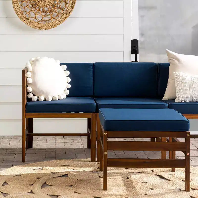 4pc Modular Acacia Wood Patio Sectional with Ottoman - Dark Brown/Navy - Saracina Home: Weather-Resistant, Removable Cushions