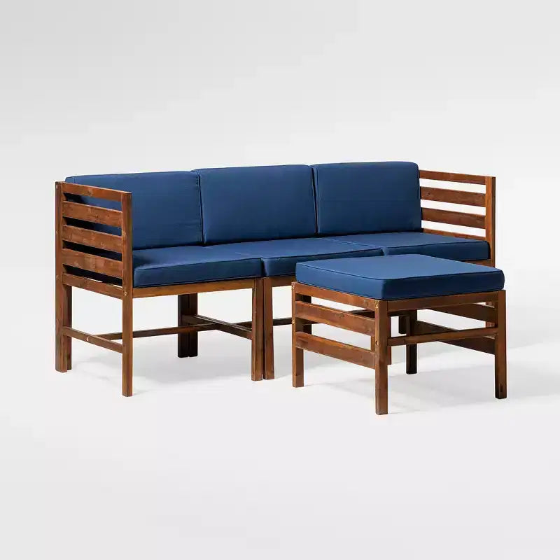 4pc Modular Acacia Wood Patio Sectional with Ottoman - Dark Brown/Navy - Saracina Home: Weather-Resistant, Removable Cushions