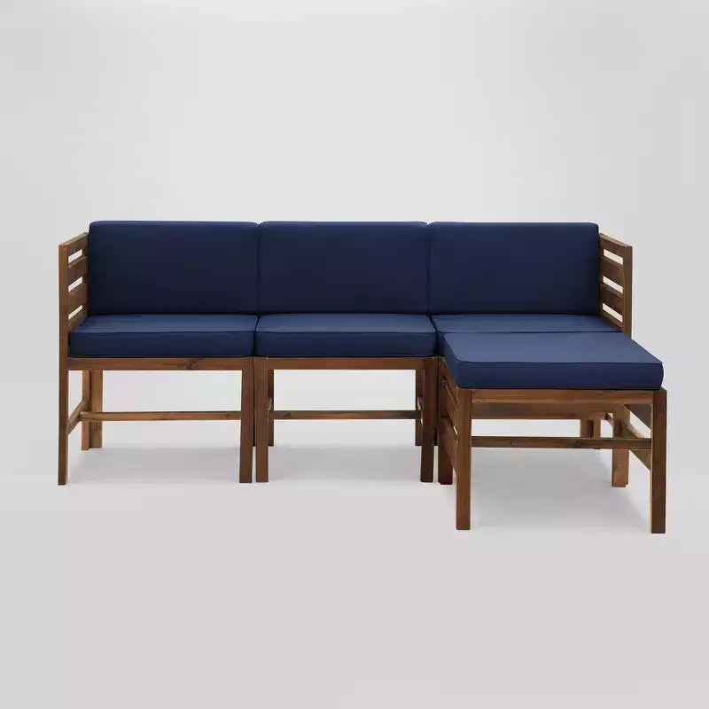4pc Modular Acacia Wood Patio Sectional with Ottoman - Dark Brown/Navy - Saracina Home: Weather-Resistant, Removable Cushions