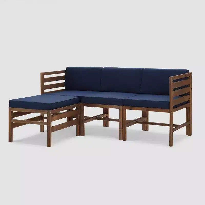4pc Modular Acacia Wood Patio Sectional with Ottoman - Dark Brown/Navy - Saracina Home: Weather-Resistant, Removable Cushions