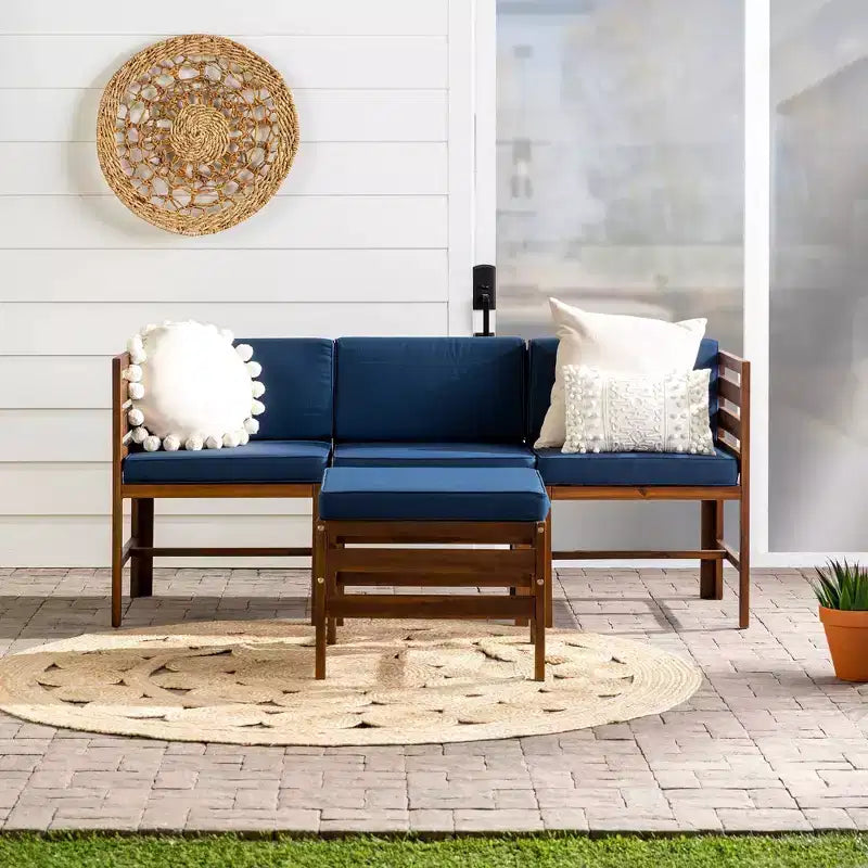 4pc Modular Acacia Wood Patio Sectional with Ottoman - Dark Brown/Navy - Saracina Home: Weather-Resistant, Removable Cushions
