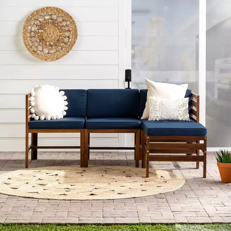4pc Modular Acacia Wood Patio Sectional with Ottoman - Dark Brown/Navy - Saracina Home: Weather-Resistant, Removable Cushions