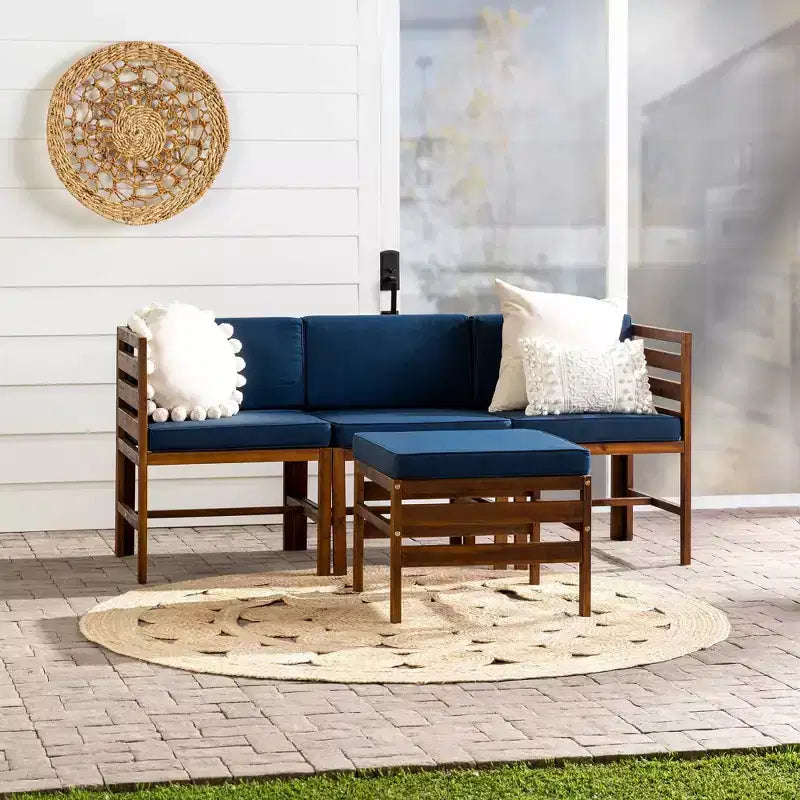 4pc Modular Acacia Wood Patio Sectional with Ottoman - Dark Brown/Navy - Saracina Home: Weather-Resistant, Removable Cushions