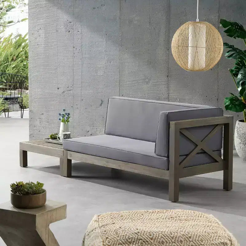 2pc Brava Outdoor Acacia Wood Right Arm Loveseat & Coffee Table with Cushion - Christopher Knight Home: Patio Set with Removable Cushions
