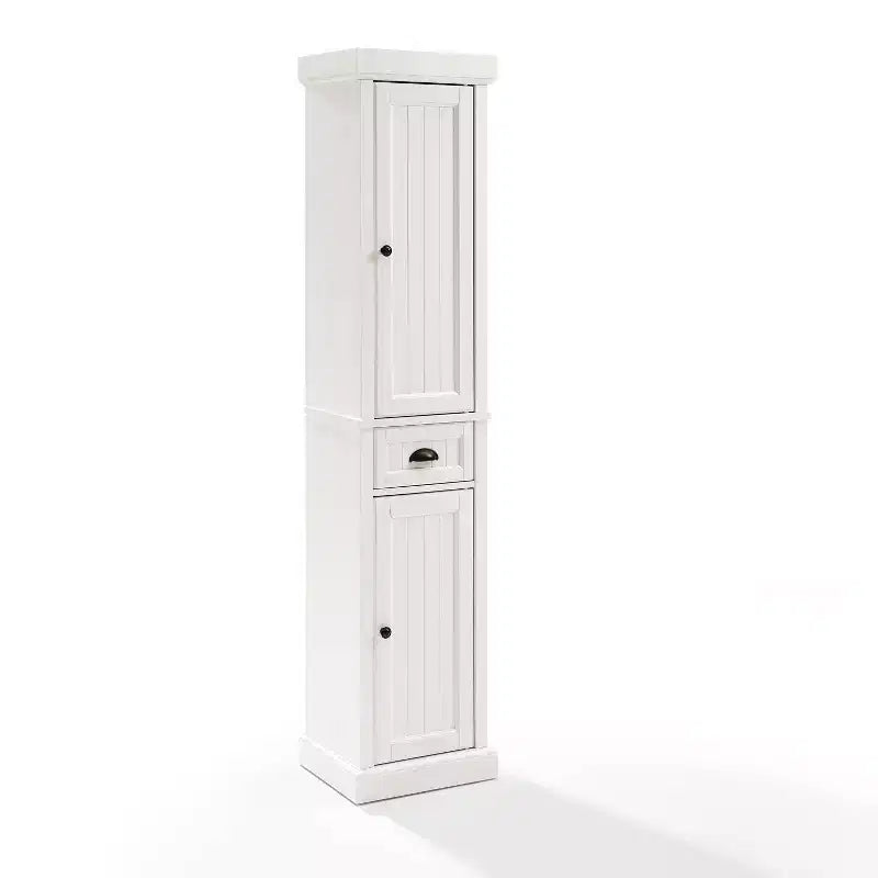 Seaside Tall Linen Cabinet White - Crosley: Freestanding MDF Storage, 2 Doors, 1 Drawer, 6 Shelves, Coastal Style