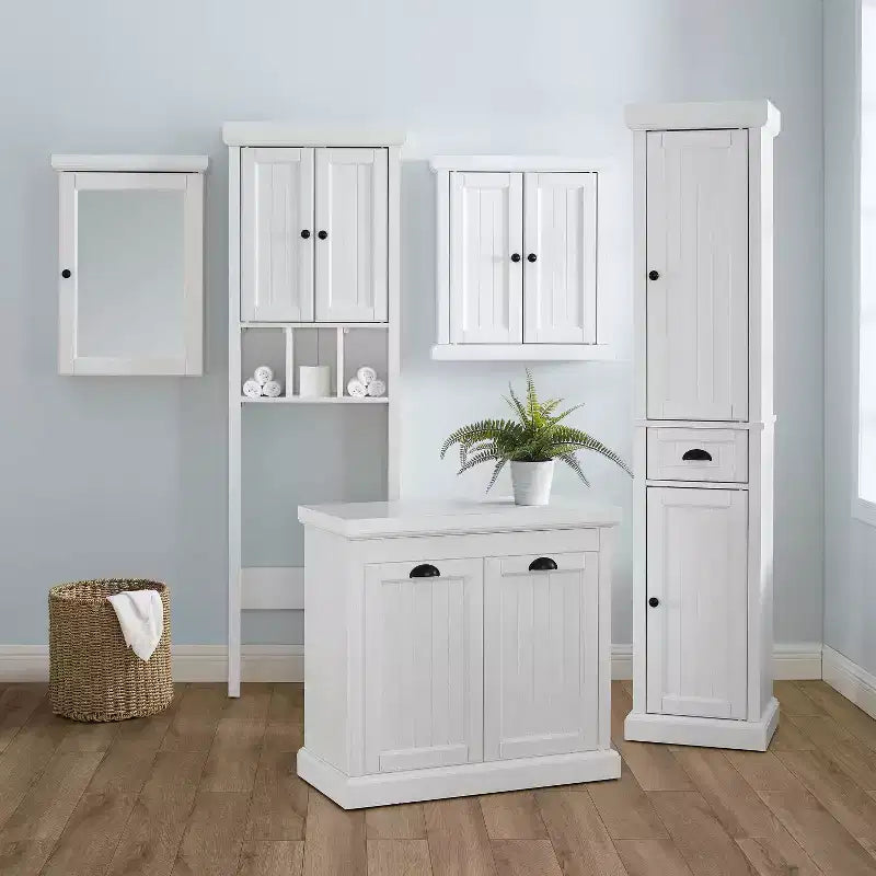 Seaside Tall Linen Cabinet White - Crosley: Freestanding MDF Storage, 2 Doors, 1 Drawer, 6 Shelves, Coastal Style