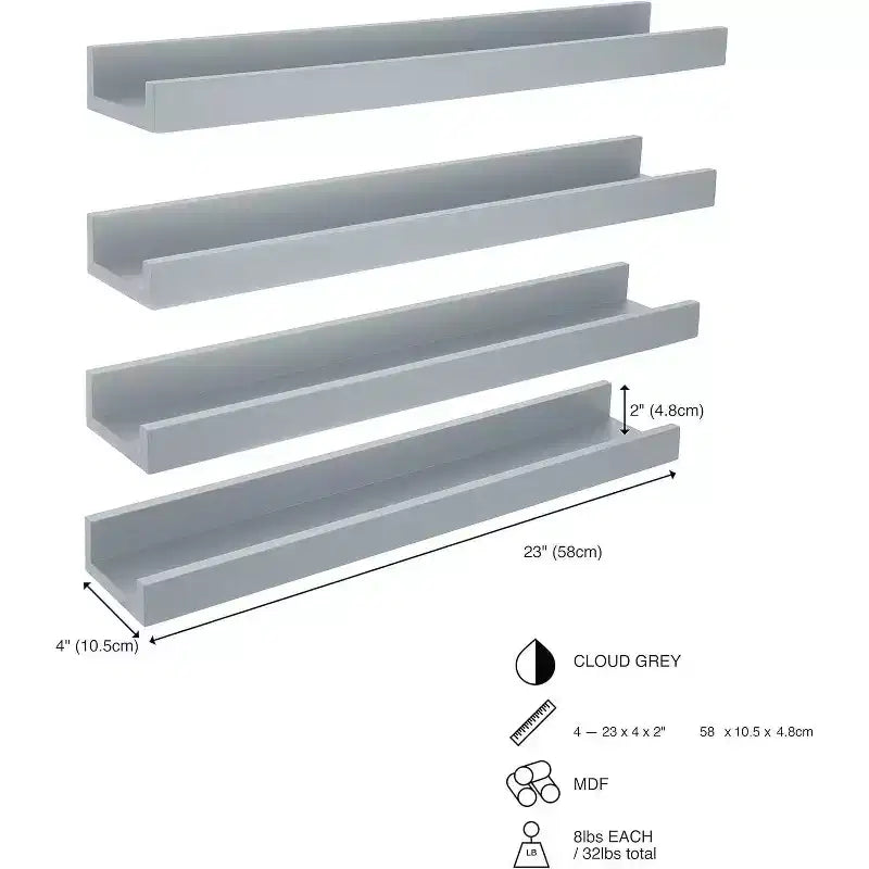 Kiera Grace (Lot de 4) Étagères murales Drea 23"x4" Gris nuage : Décoration flottante en MDF, Quincaillerie de montage incluse